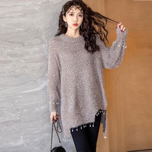 2019 Winter fashion beaded sweater asymmetrical pullover knitted blouses loose fit lighting casual tops loose fit female sweater