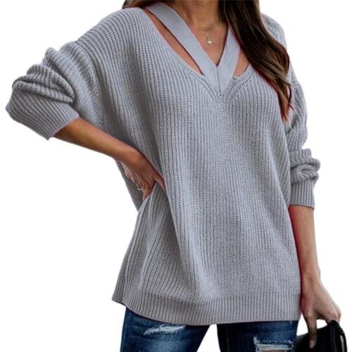 Women sweater Hollow Out Loose Casual Solid Color V Neck Autumn Sweater Daily Wear Pullover top women jumper Women clothing 2021