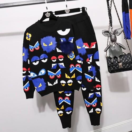 Autumn Winter Women Outfits Fashion Long Sleeve Print Knitted Sweater + Little Monster Knitwear Harlan Pants Two Piece Set H1613