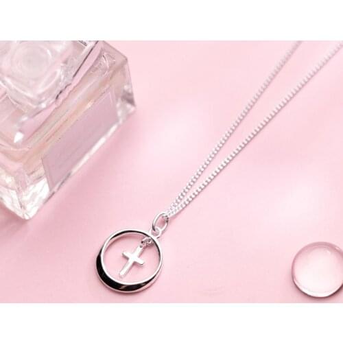 MloveAcc Authentic 925 Sterling Silver Cross In Circle Pendant Necklaces for Women Sterling Silver Jewelry Collares