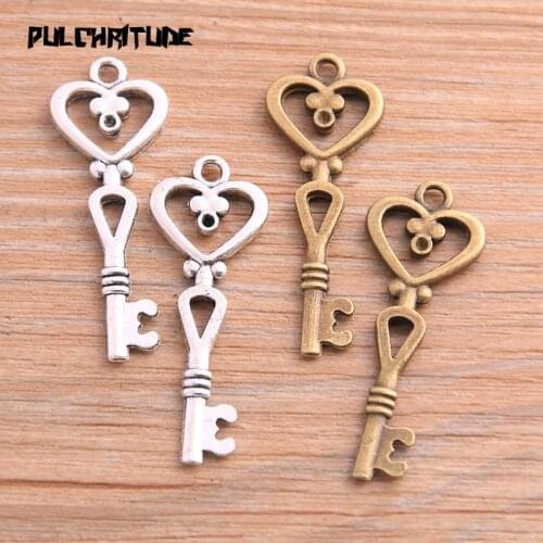 10pcs 15*41mm Two Color Double-sided Key Charms Herat Pendants Handmade Decoration Vintage For DIY Jewelry Making