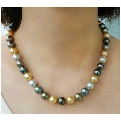 18" 9-10 mm south sea natural round multicolor pearl necklace 14K Solid gold