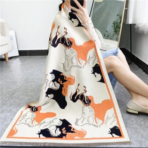 2021Luxury brand Winter Double sided Scarf Women Cashmere Warm Pashmina Foulard Lady Luxury Horse Scarves Thick Soft Shawls Wrap