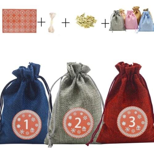 24pcs Linen Gift Bags Colorful Christmas Candy Pouch Xmas Decoration Sacks Clip Rope Stickers Sets Party Festive Supplies