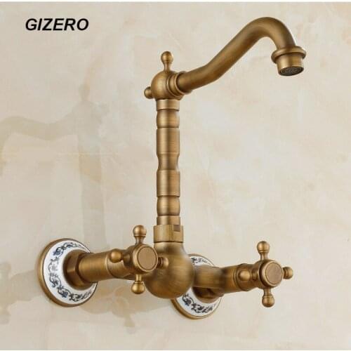 Antique Brass Classic Swivel Faucet Double Handle Kitchen Mixer with Ceramic Holder blue and white porcelain Faucet Crane ZR188