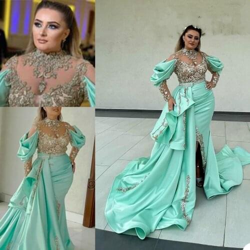Arabic Dubai Crystal Mermaid Evening Dresses Beading O Neck Long Sleeve Party Gowns Red Carpet Fashion Prom Dress