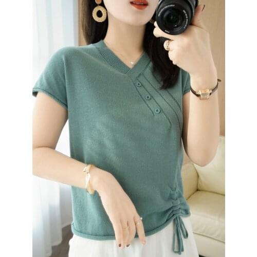 T-shirt women 2021 summer v-neck cotton sweater women solid color casual tops plus size womens clothes tees slim knit sweater