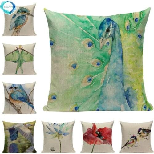 Cotton Linen Decorative Sofa Covers Watercolor Plant Bird Lumbar Pillow Covers Cushion Cover Home Decoration Pillowcase 45X45CM