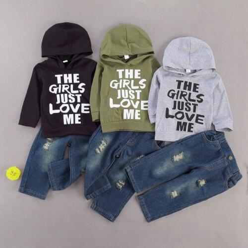 2020 0-3Y Autumn Kids Baby Boy Clothing Letter Print Hooded Sweatshirt+Denim Pants Elastic Waist Hole Design Clothing 2pcs Set