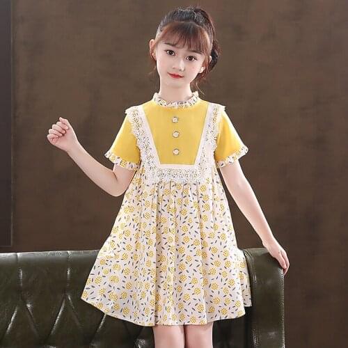 Summer Girls Floral Dress New Korean Teen Girl Lace Cute Print Dress Kids Birthday Wedding Party Costume Casual Streetwear Dress