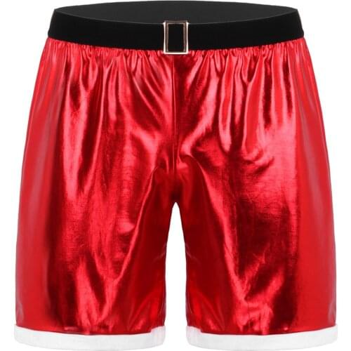 #M-XXL Mens Shiny Metallic Mid Rise Christmas Santa Claus Costume Boxer Shorts Loose Half Pants