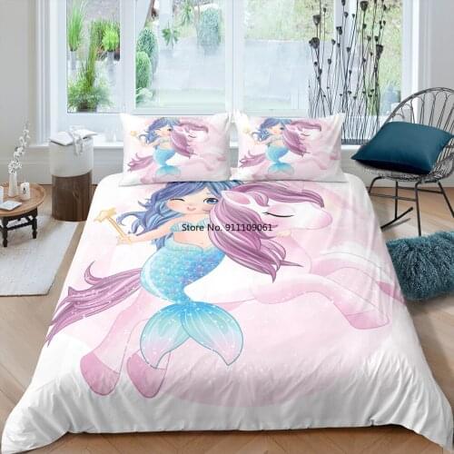3D Cute Adult/child Girl Mermaid Unicorn Quilt Cover Cartoon Quilt Cover European Quilt Cover Pillowcase Double Quilt Bed Cover