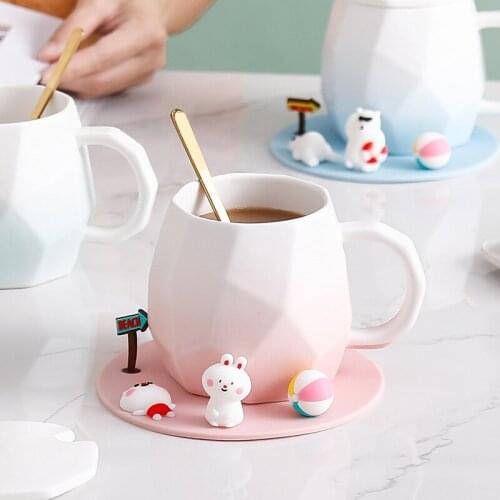 Cartoon Polar Bear Mug Lovely Rabbit Seal Ceramic Water Bottle with Cover and Spoon Silicone Coaster Breakfast Milk Coffee Cup