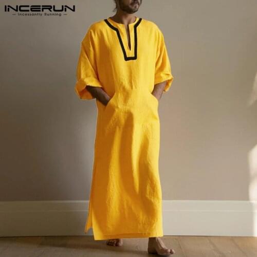 Islamic Arabic Kaftan Men Muslim Cotton Long Sleeve Robe Patchwork Saudi Arabia Dubai Caftan Retro Men Jubba Thobe Abaya INCERUN