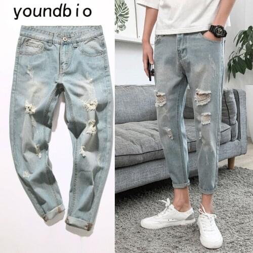 Men 2021 Sping and Summer Ripped Jeans Breathable Stylish Personality Casual Joker Popular Logo Long Pants Haroun Pants 6208