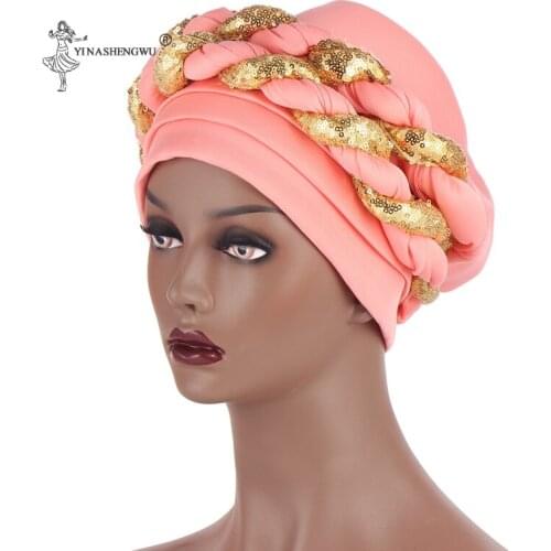 Latest Shinning Sequins Wraps African Turban Cap for Women Ready Female Head Auto Geles Aso Oke Headtie Already Made Headties