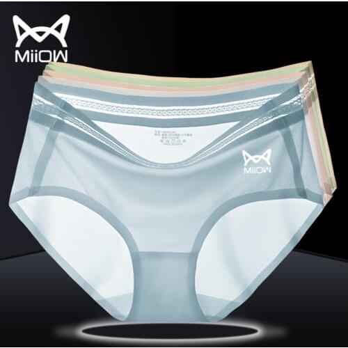 MiiOWs New 2/3 Ice Silk Ladies Underwear Womens Antibacterial Cotton Crotch Adult Seamless Waist Silk Slip Briefs