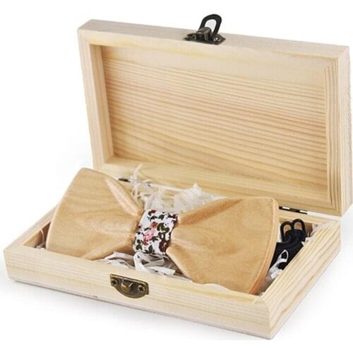 Dropshipping maple wood bowtie set wedding wooden african bow tie with floral brooch and kerchief for men