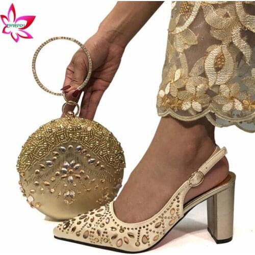 Retro Style 2020 Hot Selling Shoes and Bag Set in Gold Color Women Special Decorate with Rhinestone for Wedding