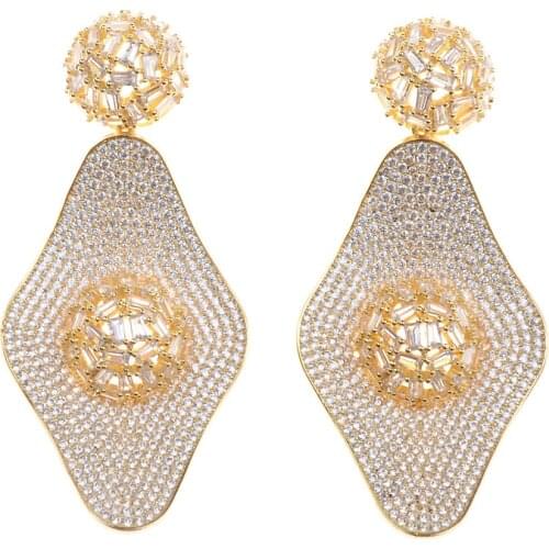 SLJELY Luxury Cubic Zirconia Women Earrings Delicate Geometric Ball 3 Gold color Earrings Fashion Party Show Wedding Jewelry