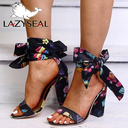 LazySeal 10CM Super High Square Heel Sandals Women Shoes Flower Cool Summer Butterfly-knot Footwear Dress Shoes Big Size 43