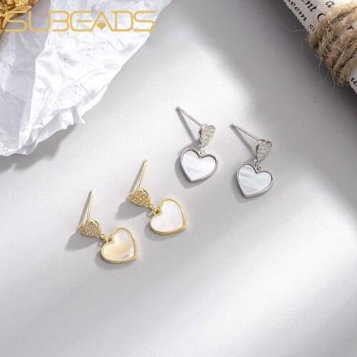 Subeads Real 925 Sterling Silver White Fritillary Heart Stud Earrings For Women Crystal Earrings Wedding Jewelry Gifts Ear Stud