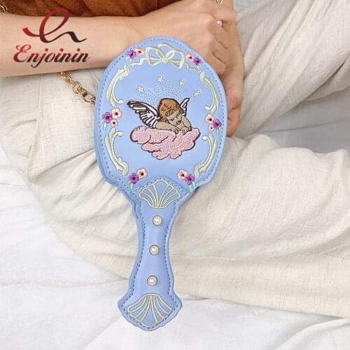 Mirror Design Chain Shoulder Bag for Women Fashion Purses and Handbags Novelty Lady Clutch Embroidered Angel Mini Crossbody Bag
