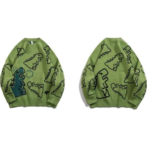 Sweater Men Harajuku Fashion Knitted Hip Hop Streetwear Dinosaur Cartoon Pullover O-neck Oversize Casual Couple Male Sweaters