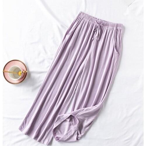 Calf-Length Pants Women Sleep Bottoms Modal Striped Pajamas Pant Drawstring Loose Lounge Summer Home Pants M-XXL Trousers