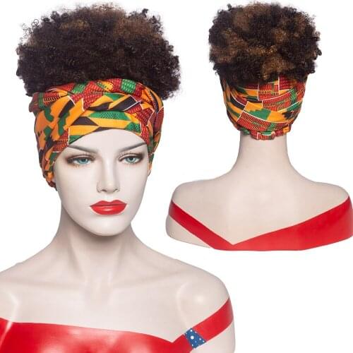 High Puff Turban Ponytail Short Kinky Curly Headwrap Drawstring Wrap-Ponytail 2 in 1 Updo Head-Wrap Wig Turban African American
