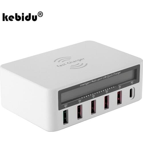 Universal 6 Ports USB Type C Charger Digital Display QC 3.0 Fast Charging Station Household Wireless Charge Adapter with EU Plug