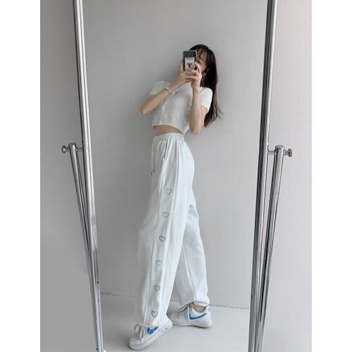 Spring Womens Sports Pants 2021 Fashion Korean Embroidered Jogging Pants Womens High Waist Casual Loose Black Trousers