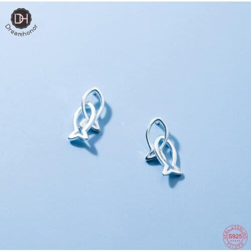 Dreamhonor 925 Sterling Silver Double Lovely Hollow Double Fish Stud Earrings Wholesale Lovely Jewelry