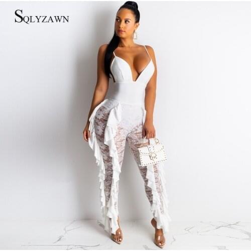 Sexy Flower Lace Mesh Bodycon Jumpsuit Women Summer Autumn V Neck Fashion White Black Neon Overalls Streetwear Ruffle Rompers