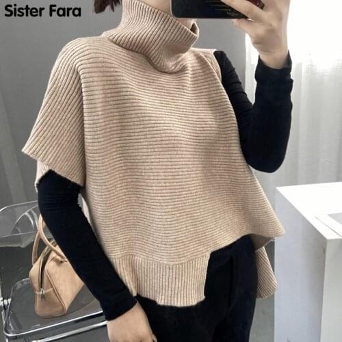 Sister Fara Autumn Short Sleeve Loose Female Knitted Pullovers New Winter Fashion Turtleneck Irregular Sweater Jumpers for Women