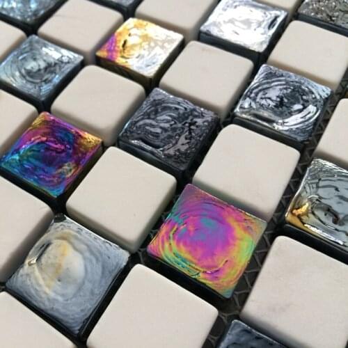 11 square feet Iridescent Black Glass White Stone Mosaic Tiles for Washroom Bathroom Living Home Imporvment Wall /Floor Tile