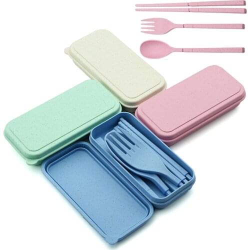 3pcs/4pcs Portable Foldable Wheat Straw Travel Cutlery Dinnerware Tableware Set With Box Camping Chopstick Fork Spoon Dinner set