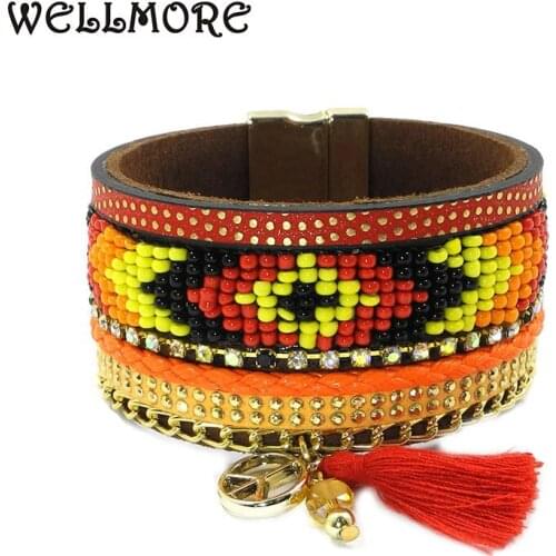 Wellmore beaded bracelets ,leather ,tassel details Magnetic wrap bracelets have 3 size Bohemian bracelets&bangles for women