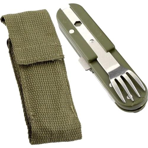 Stainless Steel Travel Kit Army Green Folding Camping Picnic Cutlery Knife Fork Spoon Bottle Opener Flatware Tableware Portable