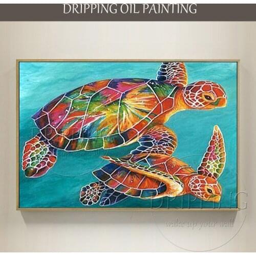 Skilled Artist Hand-painted High Quality Sea Turtles Oil Painting on Linen Canvas Colorful Animal Turtles Swimming Oil Painting