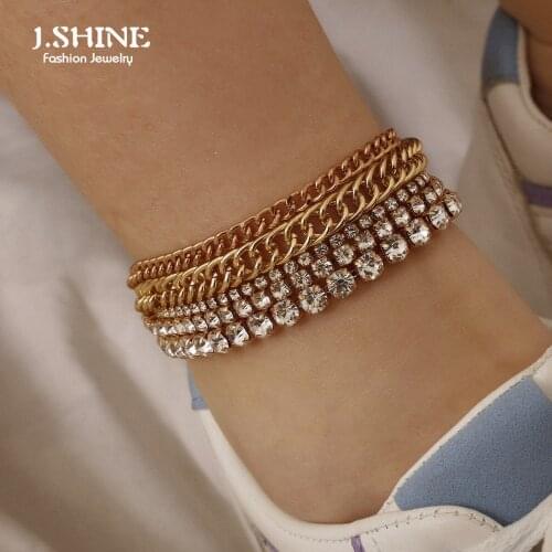 J.Shine Bohemian Stackable Layered Crystal Anklets for Women Beach Vintage Rhinestone Link Chain Foot Bracelet Barefoot Sandals