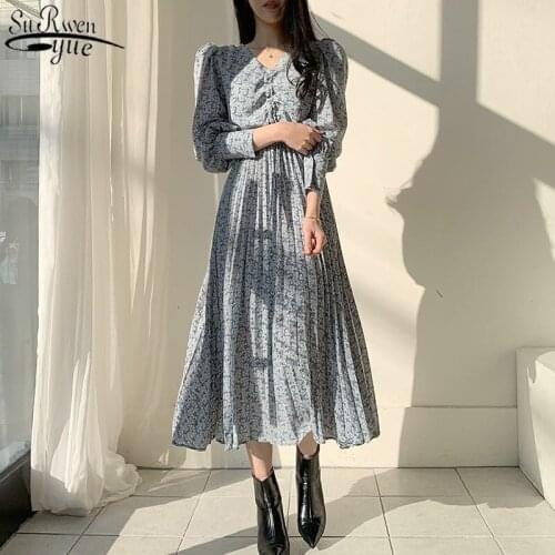 Korean V-neck Ruffled Bubble Lantern Long Sleeves Dress Printed Pleated Floral Chiffon Dresses A-type Vintage Long Dress 9968