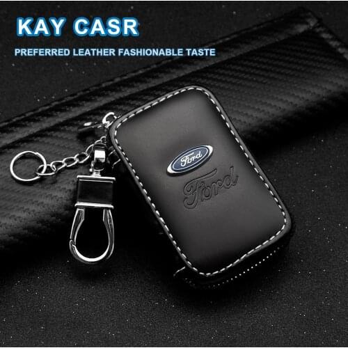 Leather Car Key Case Remote Control Key Case Leather Zipper Keychain for Ford Fiesta EcoSport Escort Focus 2 3 Auto Accessories