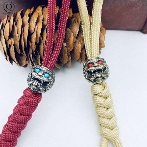 Brass Red Blue Eyes Lion Head Knife Beads Pendants Car Keychains Retro Chinese Style Umbrella Rope Lanyard DIY Paracord Hangings