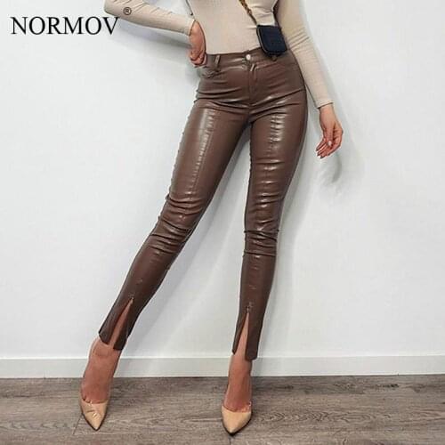 NORMOV PU Faux Leather Leggins Women Solid Color Skinny Lady Leggings High Waist Office Workout Zipper Elastic Fashion Leggings