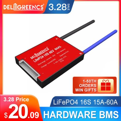 Deligreen 16S BMS 20A 30A 40A 50A 60A 48V BMS for 3.2v lithium Li-ion Lifepo4 battery pack for UPS and Scooter