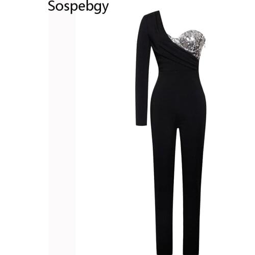 New Winter Sexy Womens Bodycon One-piece Trousers Single-sleeve Stitching Sequins Celebrity Runway Party Long jumpsuit