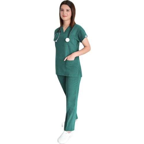 Nur Medical Clothing Dartmouth Green Doctor Nurse Hospital Cook Vet Lycra Uniform Top and Pants Basic Colour Set Suit Scrubs