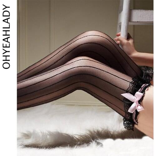 Ohyeahlady Striped Thigh High Stockings Over the Knee Socks with Satin Bows Black Lace Top Sheer Tights Stockings J2075
