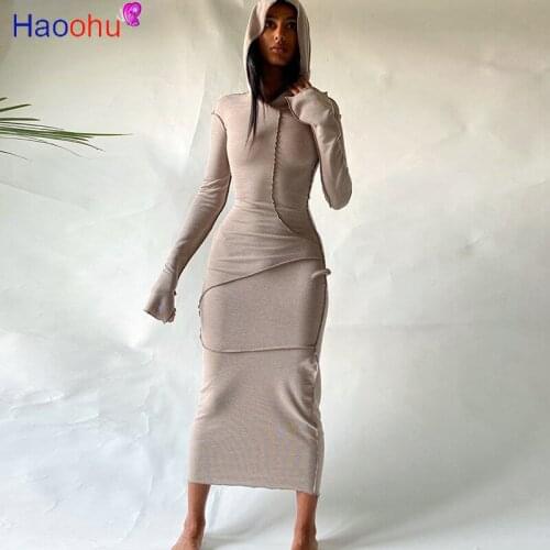 HAOOHU Fall Winter Hooded Long Dress Women Cotton Full Sleeve Bodycon Dresses Female Streetwear Casual Skinny Vestidos Outfits